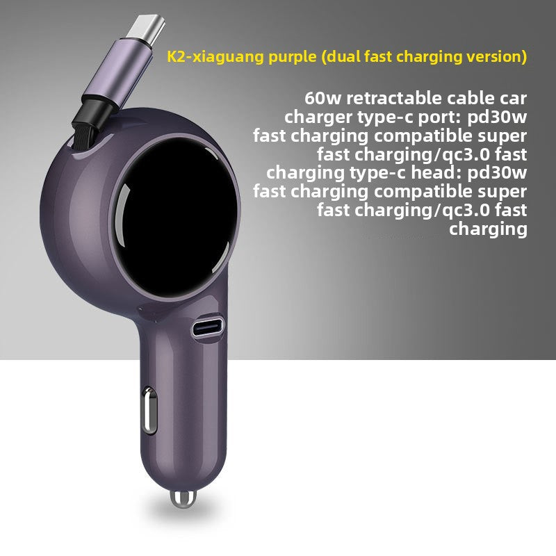 Retractable 60W Fast Car Charger with Dual USB Ports