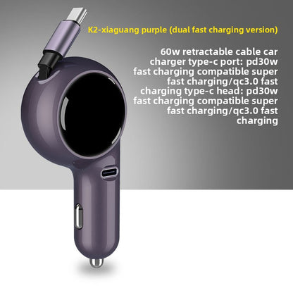 Retractable 60W Fast Car Charger with Dual USB Ports