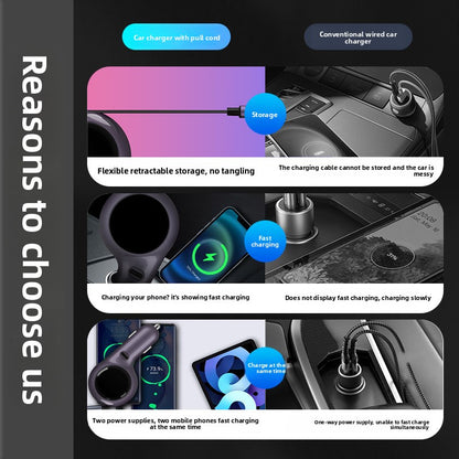 Retractable 60W Fast Car Charger with Dual USB Ports