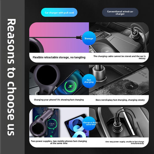 Retractable 60W Fast Car Charger with Dual USB Ports