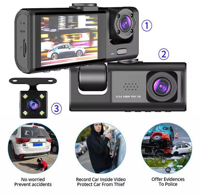 Triple Lens Car Dash Cam with WiFi Connectivity